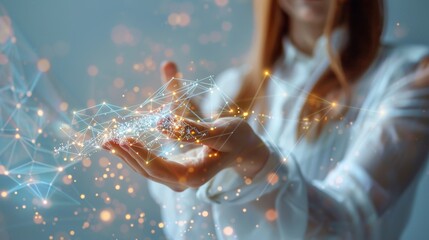 Aufkleber - Data concept. Digital neural network. Businesswoman hand touching introduction to artificial intelligence. Future cyberspace. Science and innovation.