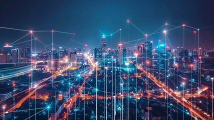 Poster - Smart city concept with Wireless network and connectivity technology with abstract Bangkok city background