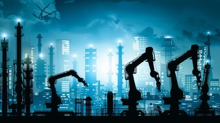 Fototapete - Future automation robot arms factory silhouette on smart city background.