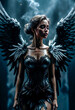 Portrait of a beautiful attractive black fallen angel on a dark background