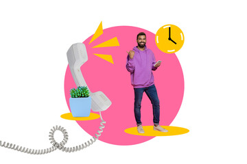 Sticker - Creative picture collage young smiling man customer support landline call deadline clock time management houseplant contact center