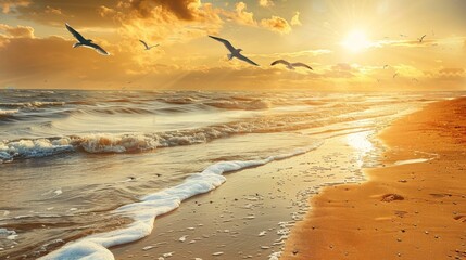 Wall Mural - Golden Sunset at Seashore with Flock of Seagulls Soaring Over Waves