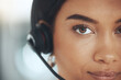 Woman, call centre and headset in portrait, contact and secretary or assistant in office. Female person, closeup and receptionist or support and crm, customer service and telemarketing for consulting