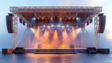 Fototapeta Kuchnia - Big stage with aluminum truss structure, electric color spotlights equipment, and speakers for concert 