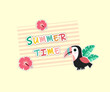 Vector summer cards with phrases. Beautiful posters, stickers for kids' t-shirts, rooms, or bedrooms. Beautiful backgrounds with summer fruits, trees, Flamingo ,and Flowers. Hand-drawn letters.
