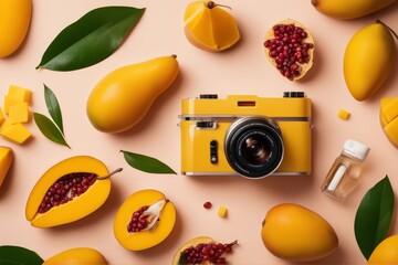 Wall Mural - 'creative layout made mango flat lay food concept macro yellow background abstract closeup colours cut design dessert diet exotic fresh freshness fruit epicure green leaf half healthy isolated juicy'
