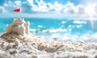 Sand castle with red flag on the beach with the beautiful sea in summer time. Panoramic view. Concept of the vacation and tourism.