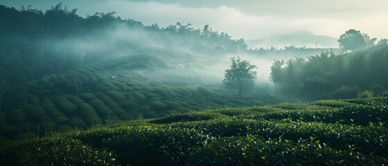 Wall Mural - foggy tea plantation in the morning