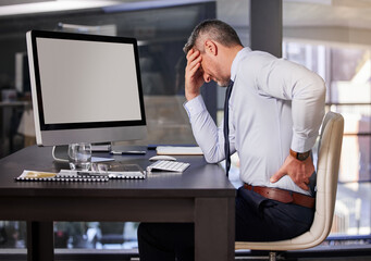 Sticker - Computer, desk and business man with back pain in office from anatomy emergency or bad posture. Corporate, burnout or medical and professional person with spine injury at table in company workplace