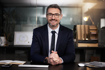 Wall Mural - Happy, portrait and mature businessman in office of startup corporate finance firm or company, professional and proud. Male entrepreneur or ceo of agency, pride and confident for business growth.
