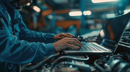 An experienced mechanic checks a car engine using a laptop computer