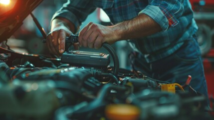 Poster - In the background, a mechanic uses a scan tool to diagnose the car under the hood. Close-up.