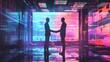 Visionary Startup Founders Shaking Hands to Kickstart Revolutionary Enterprise in Futuristic Office Space with Holographic Displays and Vibrant
