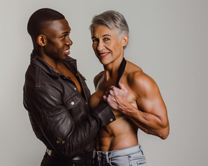 An older female bodybuilder with a toned physique and silver hair playfully interacts with a younger, stylish black man wearing a leather jacket in a light studio.