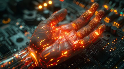 Poster - An electronic board in the shape of a hand, an illustration of the advancement of technology