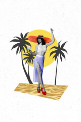 Poster - Vertical photo collage image young cheerful sexy attractive woman lady elegant palms vacation drink cocktail drawing background