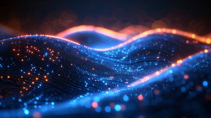 Poster - A blue digital frequency equalizer pattern with sound waves