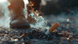 close-up a burning cigarette on ground, no tobacco stop smoking anti drug day concept