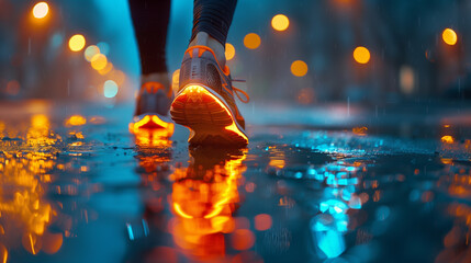 Experience the urban ambiance of evening runs in the rain through a close-up shot of runner's shoes on a wet street, reflecting the city lights at night.