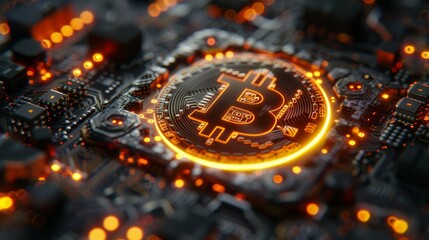 Leinwandbilder - An electronic board pattern combined with bitcoin symbol is the concept of cryptocurrency online trading in a digital technological theme.
