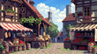 © The Thee Studio - 2d pixel art of medieval market, medieval town, blue sky, game art
