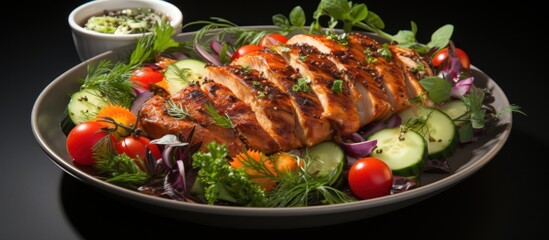 Wall Mural - Grilled chicken fillet with vegetables on a black background. Restaurant