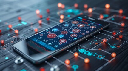 Leinwandbilder - An e-health or telemedicine concept with a graphic of medical icons on a device