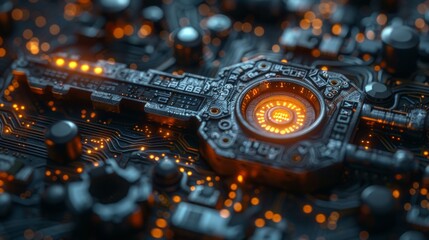 Poster - The concept of cyber security is presented as a futuristic key paired with binary and program code