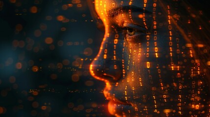 Poster - Binary code combined with a human face, an image of artificial intelligence or hackers