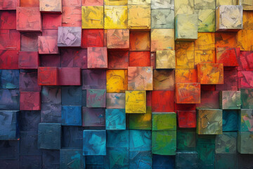 Wall Mural - An image of a large mural on an urban street wall featuring an array of overlapping squares and rect