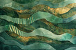 Overlapping waves and ripples in shades of green and gold, inspired by the concept of gratitude and abundance. 