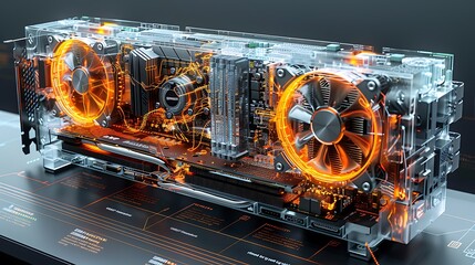 Design a detailed infographic that maps the thermal profile of a high-end graphic card under peak load.