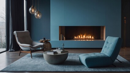 Wall Mural - Minimalist lounge space featuring a modern fireplace, cozy armchair, and walls painted in a calming sky blue shade.