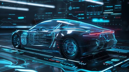 Fototapete - Designed with hologram car style in HUD user interface GUI. Hardware diagnostics of car condition, scanning. Cars infographic interface, analysis and diagnostics with futuristic style.