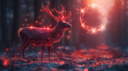 Fototapete - A low poly deer with a circle and star symbol at the background in a futuristic style