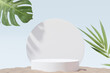 Product display podium with nature leaves on white background. 3D rendering