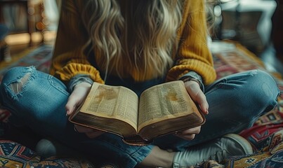 Wall Mural - Bible reading and hands with book and religion study at home for worship