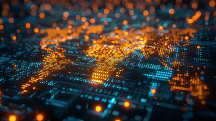 Fototapete - The shape of the world map combined with binary code represents the concept of digital technology or data transformation