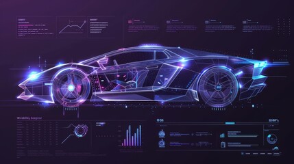 Fototapete - Animated hologram car. Wireframe in line with low poly animation. Car service in the style of a HUD, Cars infographic UI, analysis and diagnostics in the style of the HUD, UI, GUI, futuristic