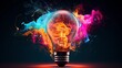 Lightbulb eureka moment with Impactful and inspiring artistic colourful explosion of paint energy. Generative AI, this image is not based on any original image, character or person.