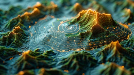 Leinwandbilder - An aerial view of the terrain with a digital radar interface, illustrating the concept of communication technology