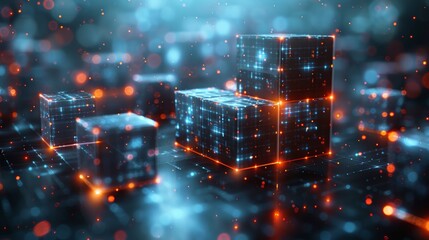 Fototapete - A graphic of cubes containing binary code and futuristic elements depicting block chian technology or big data