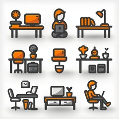 A set of 9 orange and white desk icons in a line style, workstyle theme, white background