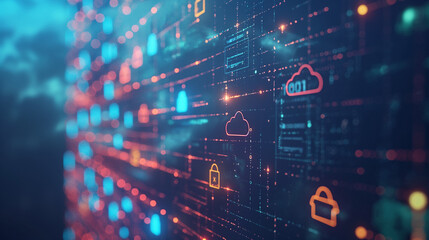 virtual screen with IT and digital technology icons on dark background, concept of network security or cloud services for business using in the style of it posturein blue-orange shades