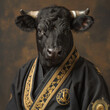 Schwarzer Bulle in weißem Jiu-Jitsu-Outfit, schwarzer Gürtel