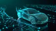 The 3D wireframe car model rotates in black virtual space. Car isometric banner in the abstract style. Hologram auto, futuristic model auto.