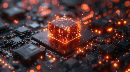 Leinwandbilder - Concept of quantum computing, graphics of a microchip with a futuristic cube and technology elements presented in an isometric view