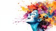 © hamad - Mental health and creative abstract concept. Colorful illustration of happy womale head in paint splatter style. Mindfulness and self care idea. Banner white background.