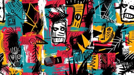 Wall Mural - punk pop rock style elements abstract face with grungy texture with color splash abstract background, seamless pattern tile, Generative Ai