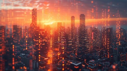 Fototapete - Image of a smart building or a digital city combining a graphic with a binary code